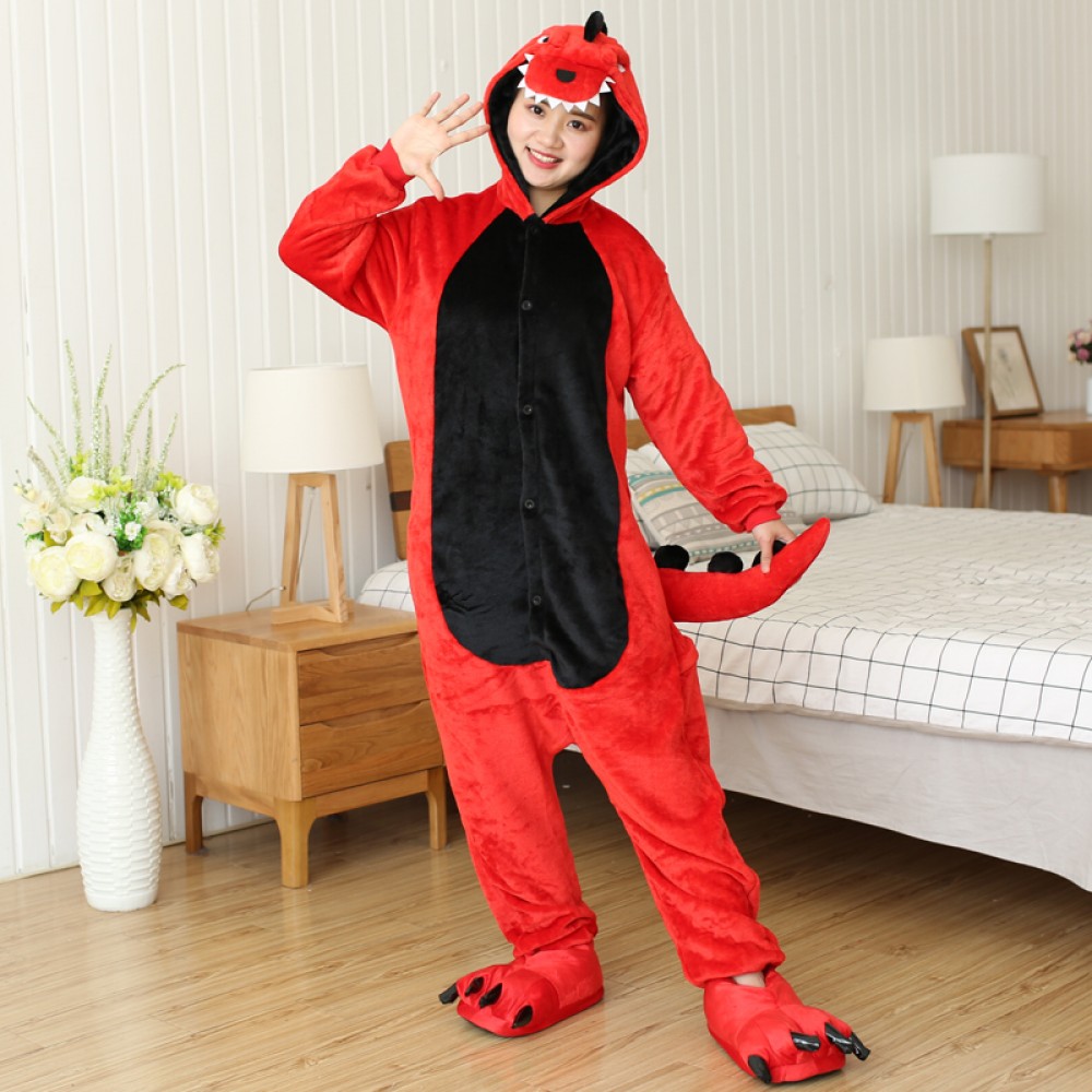 Roter Dinosaurier Kostüm für Erwachsene Tier Pyjamas Schlafoveralls