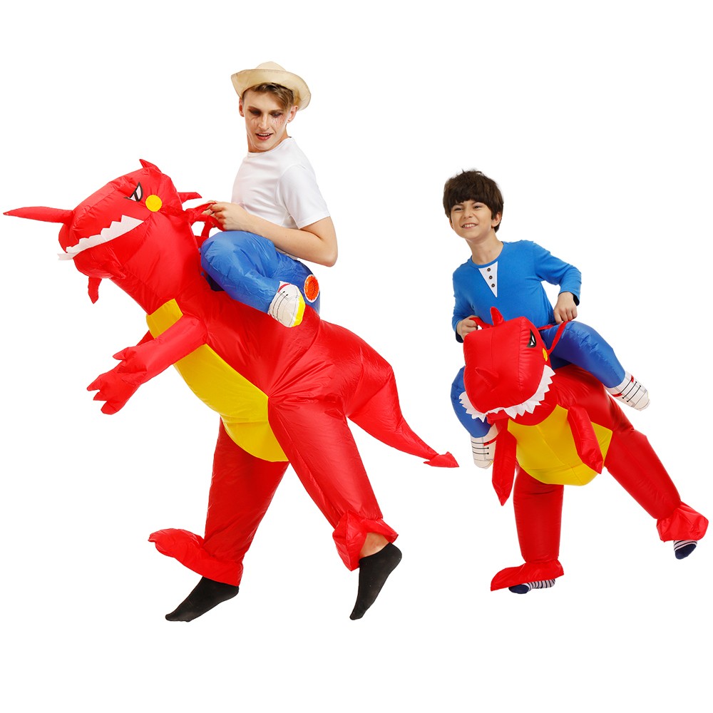 Aufblasbares Dinosaurier-Reiter Kostüm Erwachsene und Kinder Rot