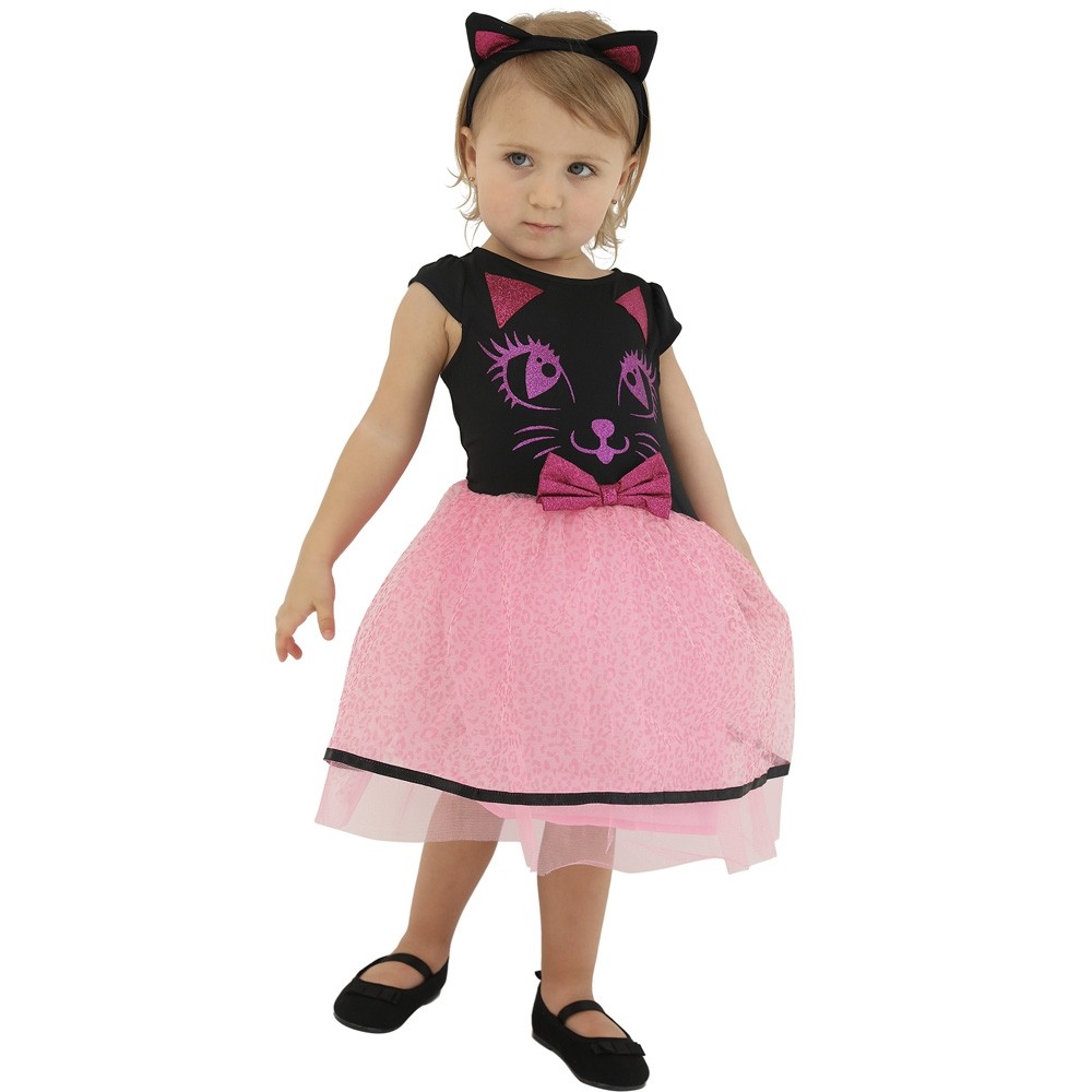 Mädchen Kleid Halloween Katzenkostüm Schwarz Pink